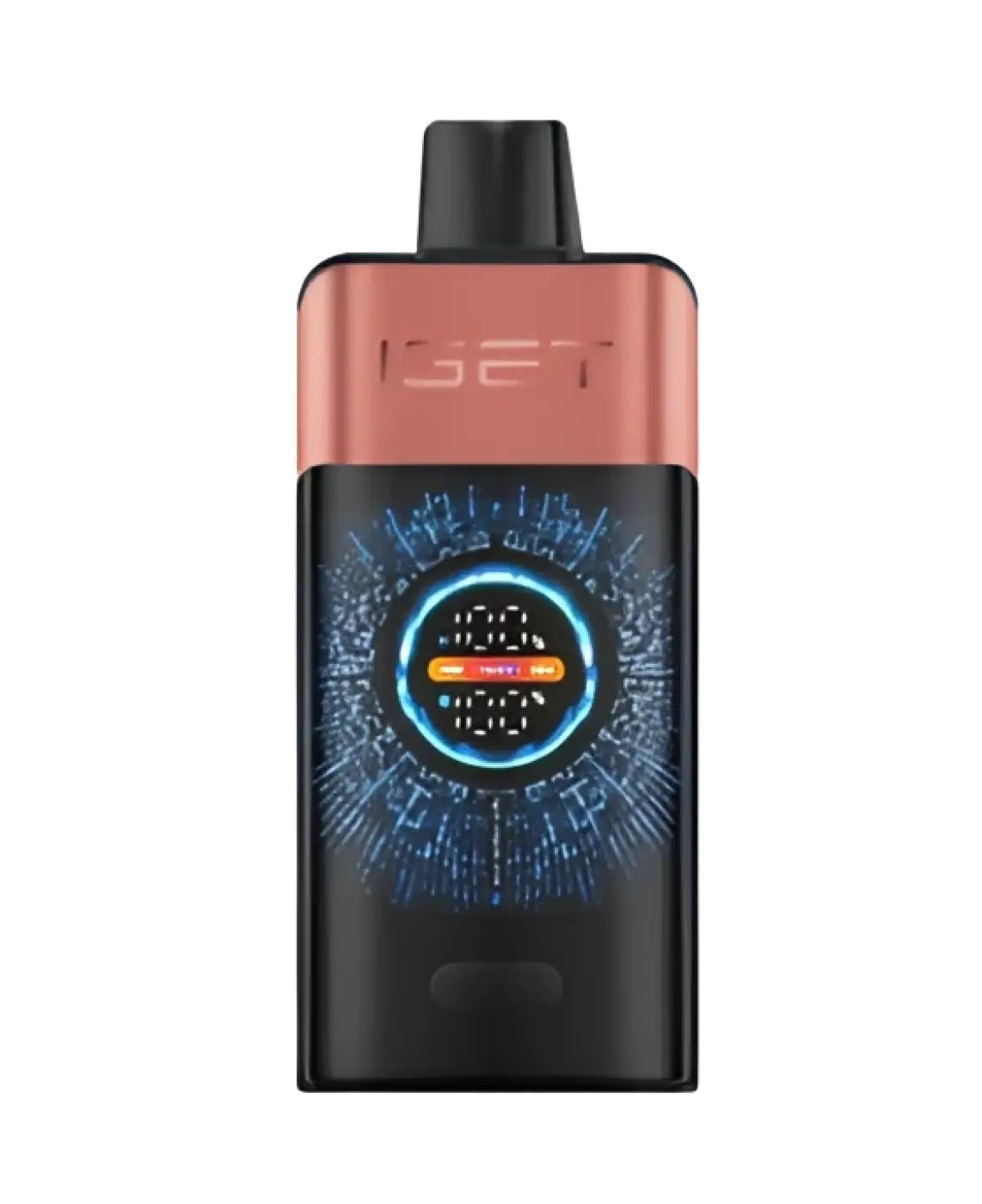The sleek black and rose gold iset vape device features a glowing blue digital display with orange center for strawberry pomegranate ice